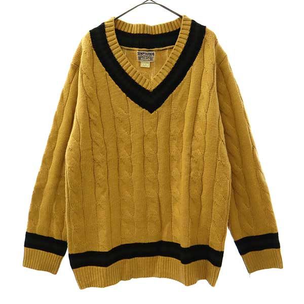 TEMPTATION テンプテーション ケーブル編 長袖 Vネック ニット L ブラウン系 セーター メンズ