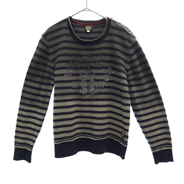 REPLAY リプレイ ウール ボーダー柄 長袖 セーター L グレー×ネイビー ニット メンズ