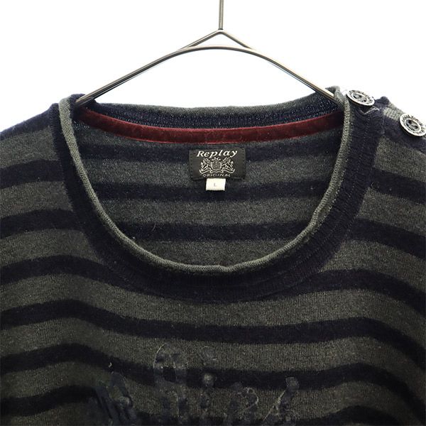 REPLAY リプレイ ウール ボーダー柄 長袖 セーター L グレー×ネイビー ニット メンズ