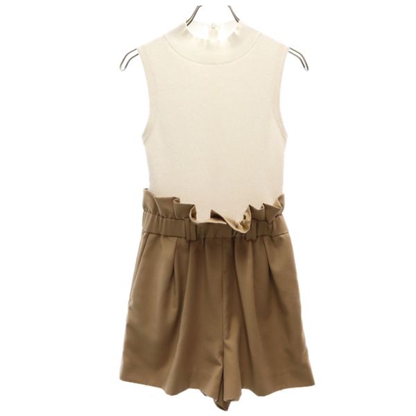 SNIDEL スナイデル リブニット切替 オールインワン 0 白×ベージュ ショート丈 レディース