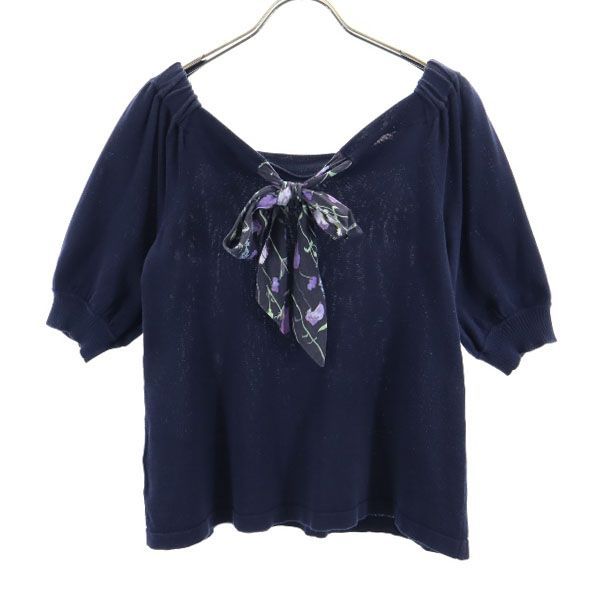 BLUE LABEL CRESTBRIDGE ブルーレーベルクレストブリッジ 三陽商会 花柄リボン 半袖 セーター 38 ネイビー ニット レディース