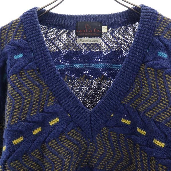 santa fe サンタフェ ウール 総柄 長袖 Vネック セーター Feb-38 ネイビー系 ニット メンズ