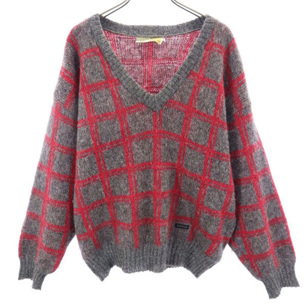 ICEWEAR 80s ヴィンテージ ウール チェック 長袖 Vネック ニット S グレー系 セーター メンズ
