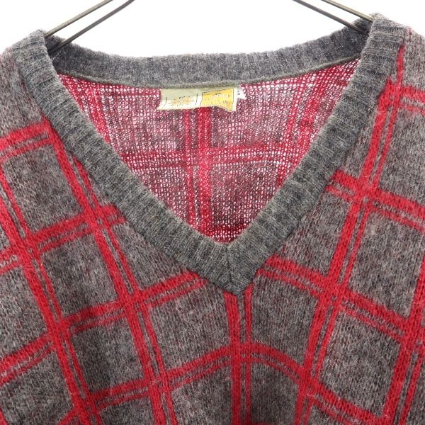 ICEWEAR 80s ヴィンテージ ウール チェック 長袖 Vネック ニット S グレー系 セーター メンズ