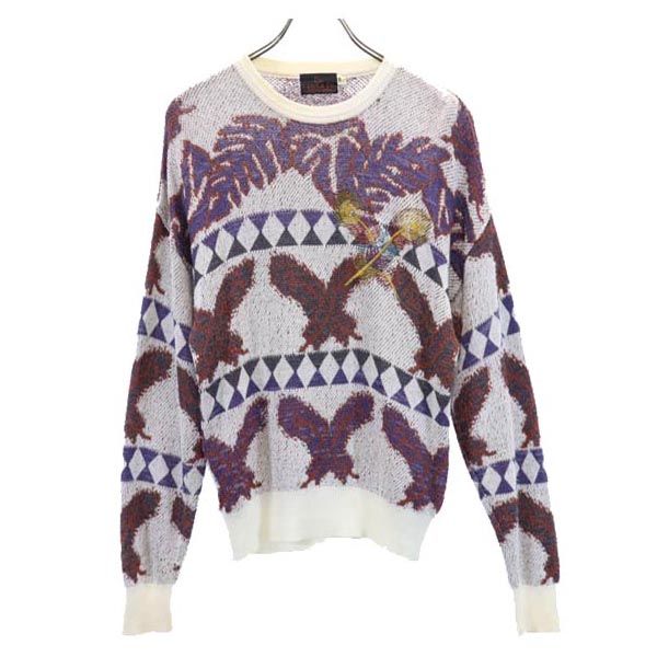 santa fe サンタフェ リネンブレンド 総柄 長袖 ニット 38 ホワイト系 薄手セーター メンズ