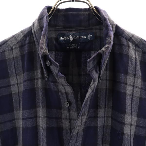 ラルフローレン チェック柄 ワンポイント刺繍 長袖 ボタンダウンシャツ M ネイビー系 RALPH LAUREN メンズ