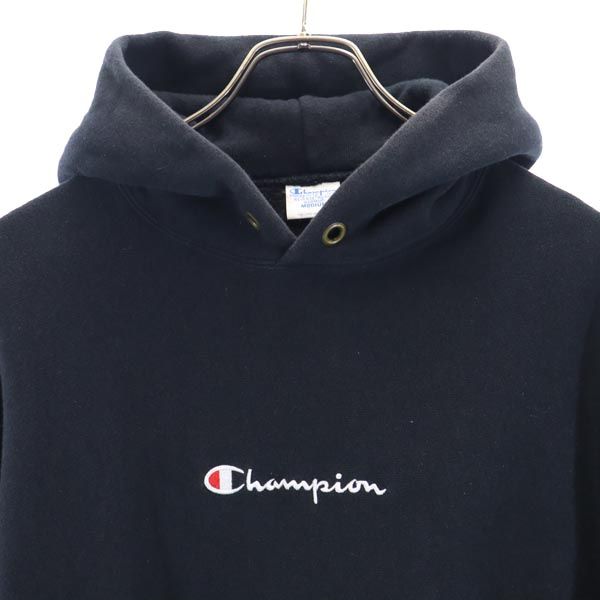 Champion チャンピオン 青単 復刻 リバースウィーブ ロゴ刺繍 長袖 スウェットパーカー M 黒系 裏起毛 メンズ