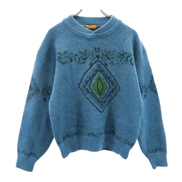 LANCEL ランセル 日本製 ウール 柄 長袖 ニット L 青系 セーター メンズ