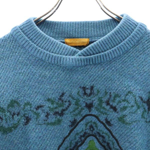 LANCEL ランセル 日本製 ウール 柄 長袖 ニット L 青系 セーター メンズ