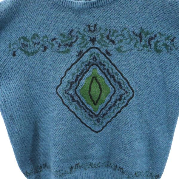 LANCEL ランセル 日本製 ウール 柄 長袖 ニット L 青系 セーター メンズ