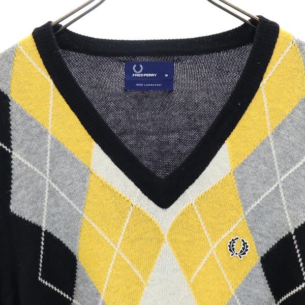 FRED PERRY フレッドペリー ウール アーガイル 長袖 ニット M 黒系 セーター メンズ