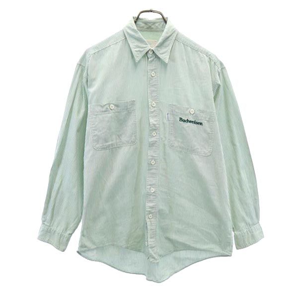 Budweiser バドワイザー ストライプ 長袖 シャツ グリーン系 ロゴ刺_ メンズ