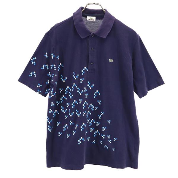LACOSTE ラコステ 日本製 スクエア プリント 半袖 ポロシャツ 5 紺 鹿の子 メンズ