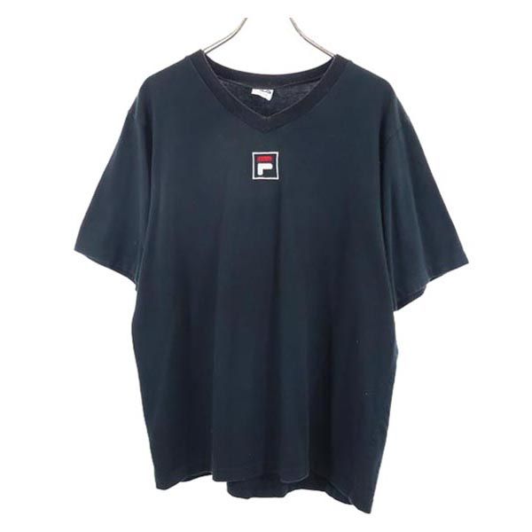 フィラ 90s USA製 ロゴ刺繍 Vネック 半袖 Vネック Tシャツ L ブラック FILA メンズ