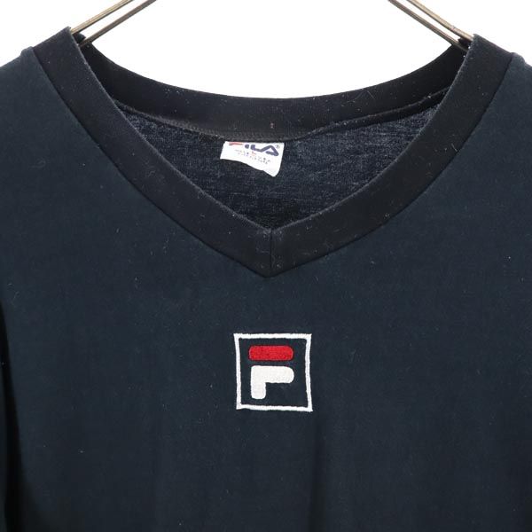 FILA フィラ 90s USA製 ロゴ刺繍 Vネック 半袖 Vネック Tシャツ L ブラック メンズ
