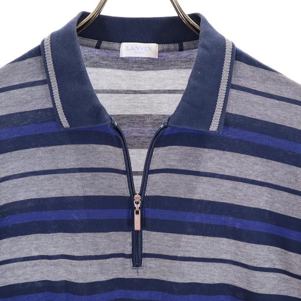 LANVIN ランバン ボーダー柄 トレーニング 半袖 ハーフジップ ポロシャツ L ネイビー×グレー 鹿の子 スポーツ メンズ
