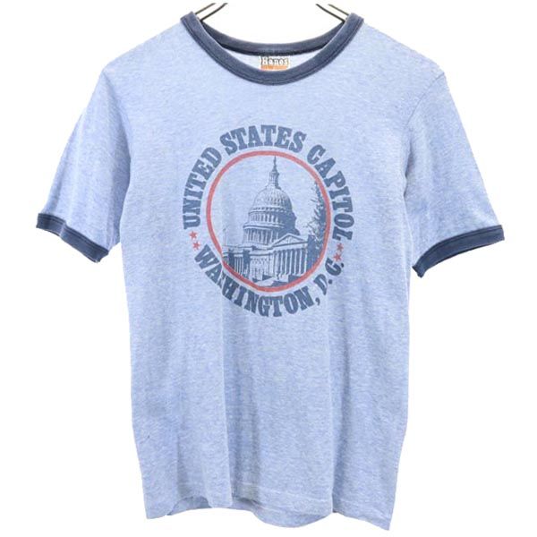 ヘインズ 70s USA製 ヴィンテージ リンガー プリント 半袖 Tシャツ S 青系 Hanes トリム メンズ