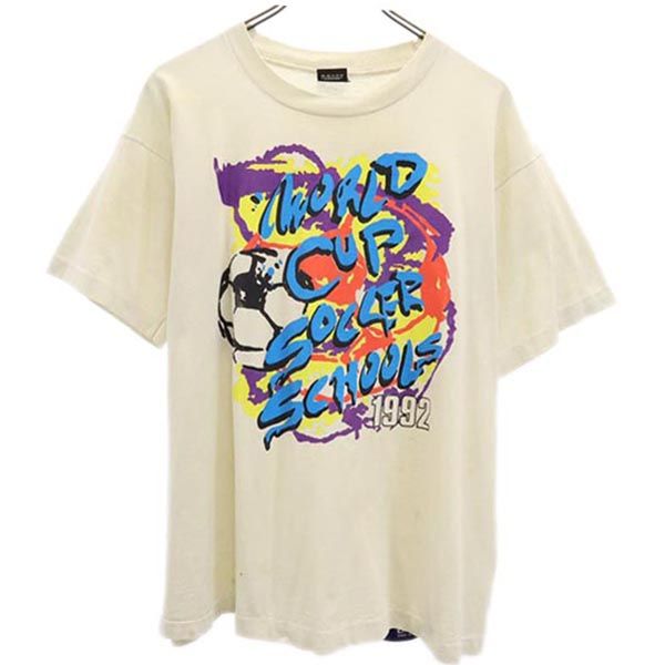 スクリーンスターズ 90s オールド USA製 両面プリント サッカー 半袖 Tシャツ XL アイボリー系 SCREEN STARS ワールドカップ メンズ