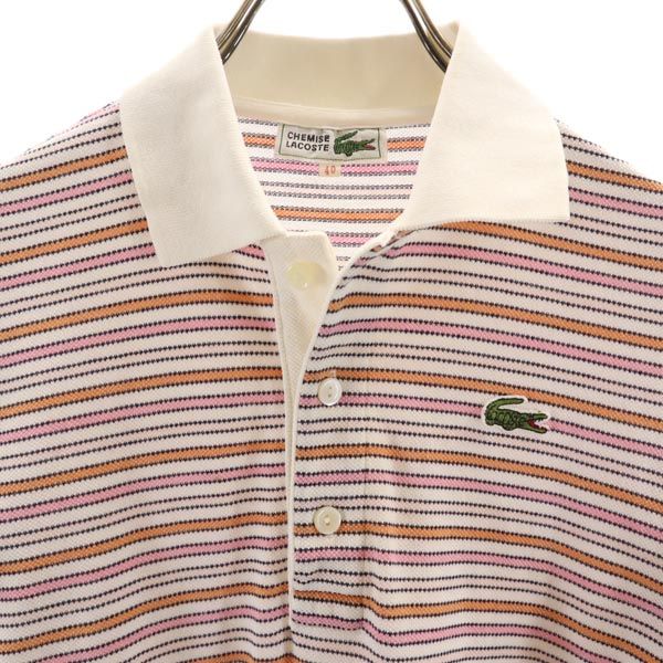 ラコステ ボーダー柄 半袖 ポロシャツ 40 白×ピンク系 LACOSTE 鹿の子 レディース
