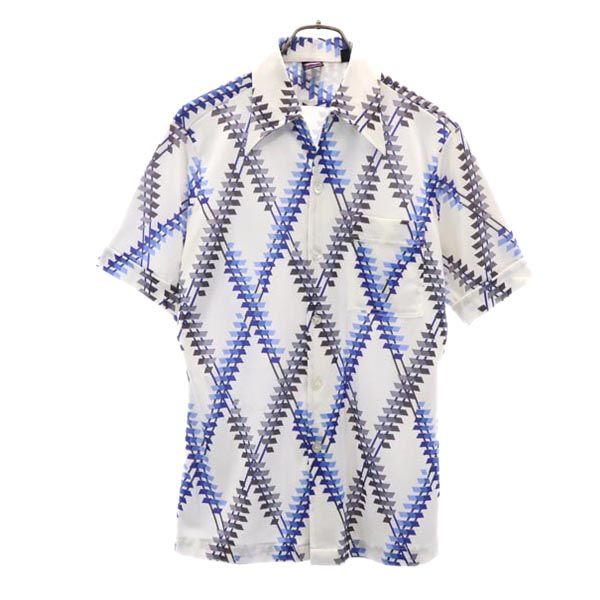 GOEL 70s 80s ヴィンテージ 総柄 半袖 オープンカラーシャツ M 白×水色 メンズ