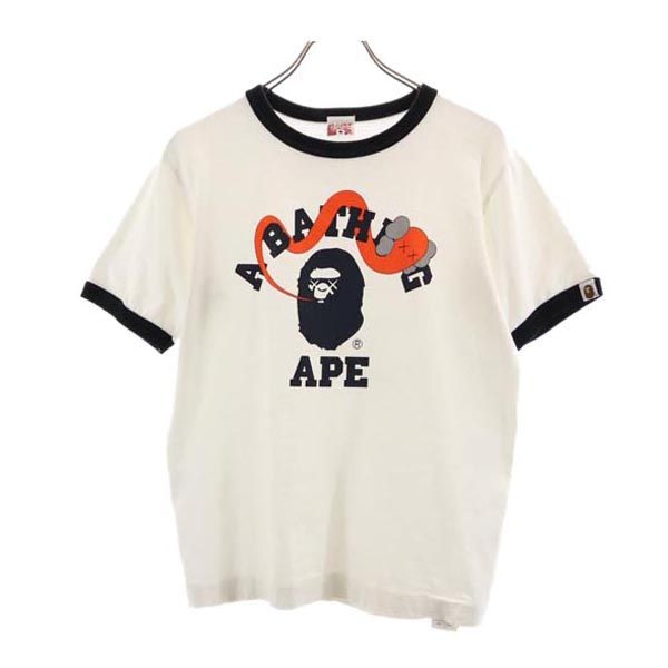 A BATHING APE KAWS アベイシングエイプ カウズ 日本製 ロゴプリント 半袖 Tシャツ S ホワイト メンズ