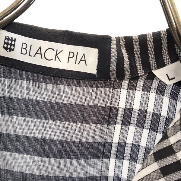 BLACK PIA ブラックピア リネン コットンブレンド チェック柄 半袖 オープンカラーシャツ L 黒系 メンズ