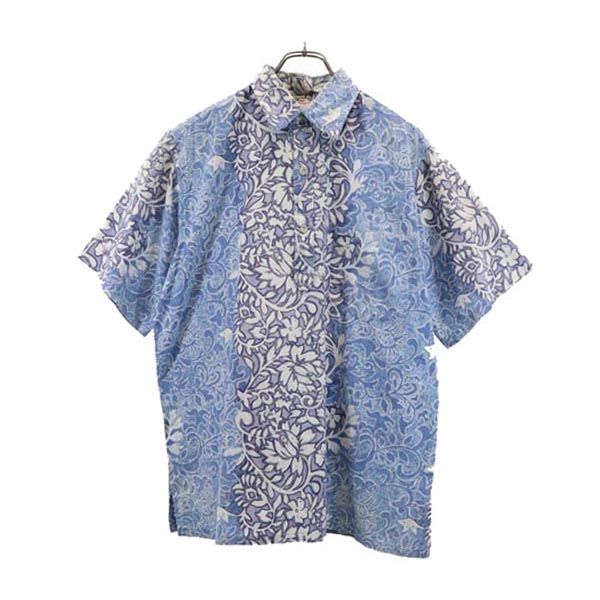 Go BaReFooT ゴーベアフット 90s オールド USA製 総柄 リバースプリント アロハシャツ L ブルー系 メンズ