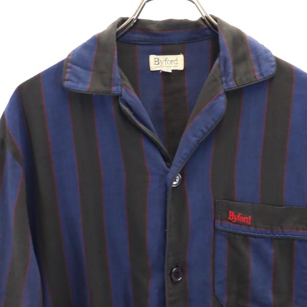 Byford バイフォード ヴィンテージ ストライプ柄 長袖 スキッパーカラー シャツ S ネイビー×ブラック ルームウェア ナイトウェア メンズ