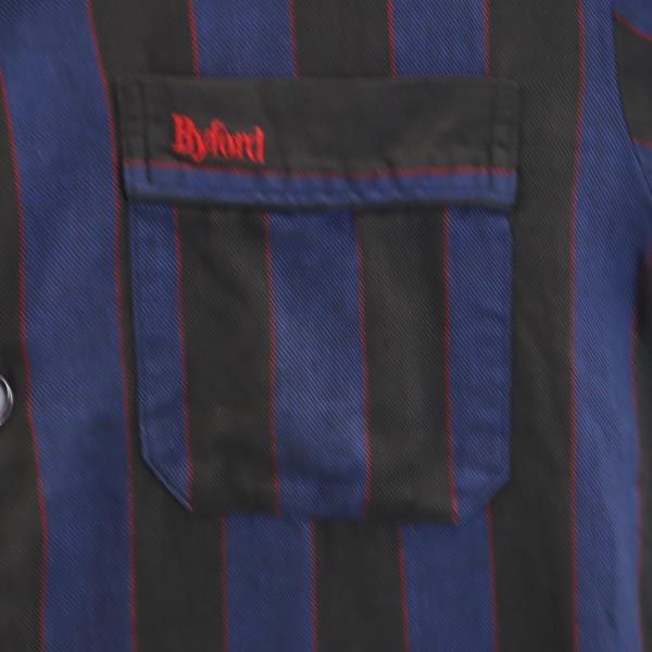 Byford バイフォード ヴィンテージ ストライプ柄 長袖 スキッパーカラー シャツ S ネイビー×ブラック ルームウェア ナイトウェア メンズ
