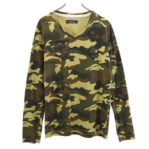 HYDROGEN ハイドロゲン カモフラージュ柄 長袖 Vネック Tシャツ M ロンT スカル メンズ