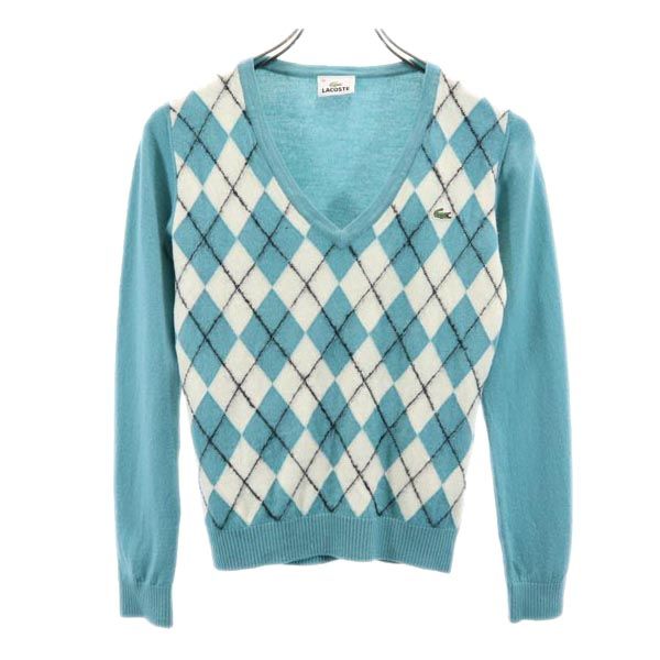 LACOSTE ラコステ 日本製 ウール アーガイル Vネック セーター 40 グリーン系 ニット レディース