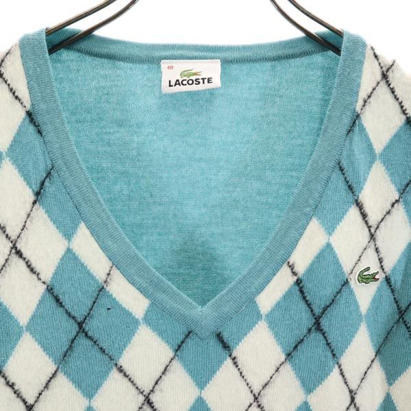 LACOSTE ラコステ 日本製 ウール アーガイル Vネック セーター 40 グリーン系 ニット レディース