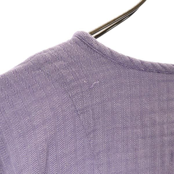 ヘリンボーン 長袖 ノーカラーシャツ パープル メンズ