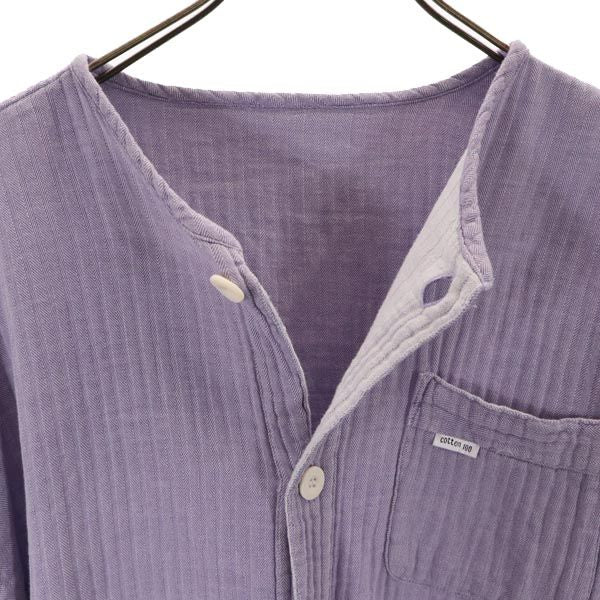 ヘリンボーン 長袖 ノーカラーシャツ パープル メンズ