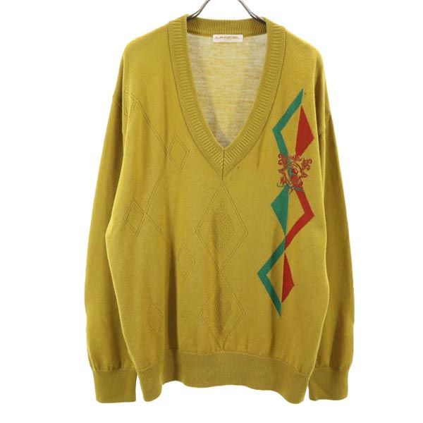 LANCEL ランセル 日本製 ウール 長袖 Vネック ニット L イエロー系 セーター メンズ