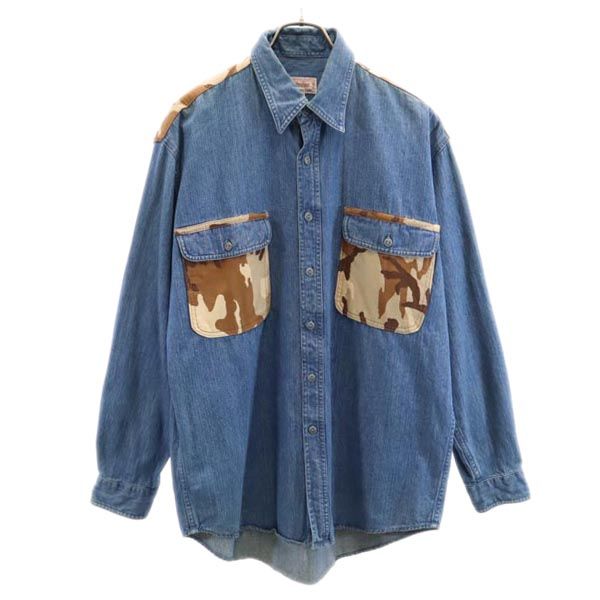 Budweiser バドワイザー リメイク カモフラージュ柄 切替 長袖 デニムシャツ L メンズ