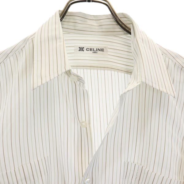 CELINE セリーヌ ストライプ 長袖 シャツ ホワイト系 ロゴ刺繍 メンズ