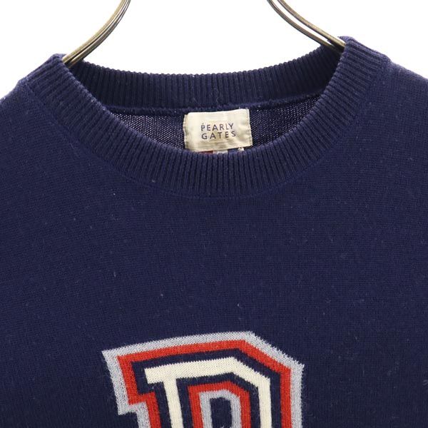 PEARLY GATES パーリーゲイツ 日本製 ウール100％ ゴルフ 長袖 ニット L ネイビー系 セーター ロゴ メンズ