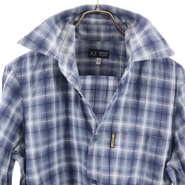 ARMANI JEANS アルマーニジーンズ チェック 長袖 コットンシャツ M ブルー系 ロゴ メンズ