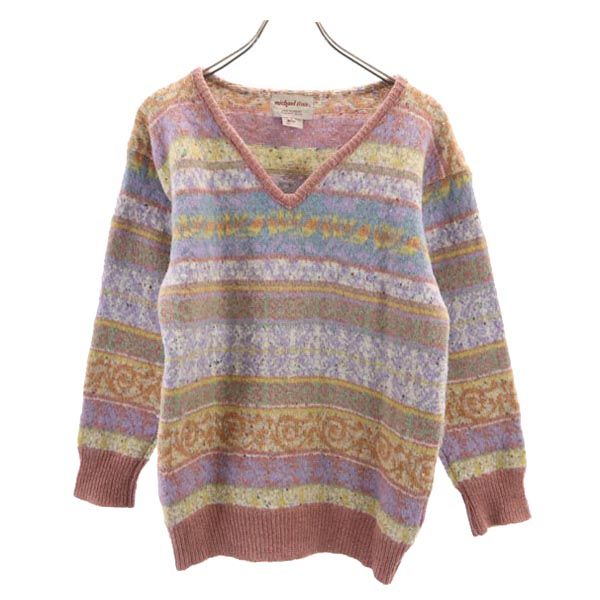 michael ross マイケルロス 英国製 総柄 長袖 ウール100％ Vネック ニット セーター 5 ピンク系 メンズ