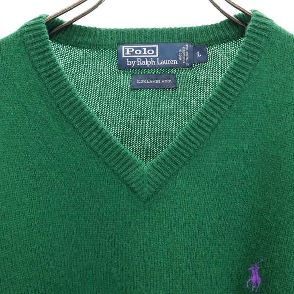 ポロバイラルフローレン ウール100％ 長袖 Vネック ニット L グリーン系 Polo by Ralph Lauren セーター ロゴ メンズ