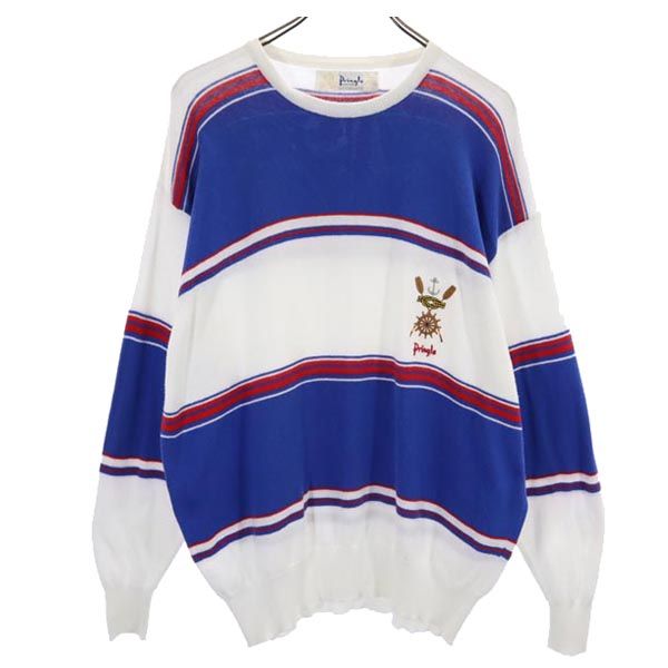 Pringle of Scotland プリングルオブスコットランド 英国製 長袖 コットン ニット M 白×青 ロゴ メンズ