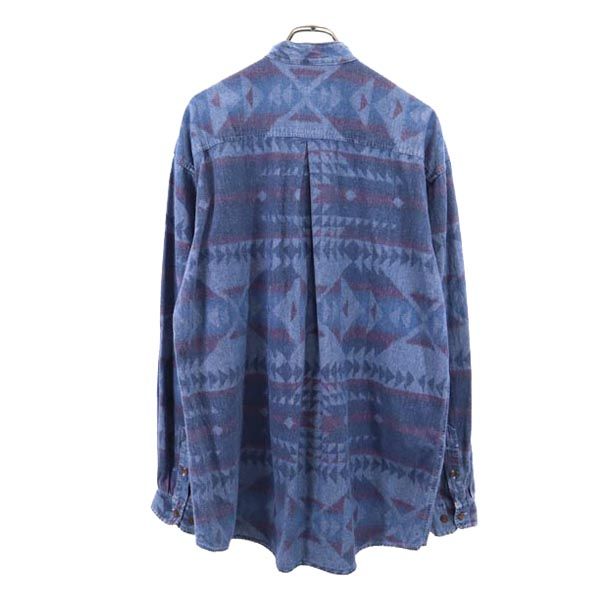 JANSPORTS ジャンスポーツ 90s オールド 総柄 長袖 バンドカラー コットンシャツ L ブルー系 メンズ