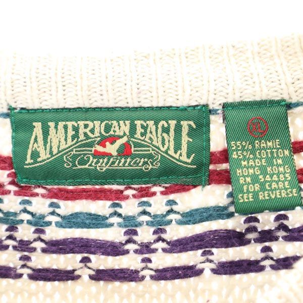 American Eagle アメリカンイーグル 90s リネンブレンド オールド 総柄 長袖 クルーネック ニット セーター XL ホワイト メンズ
