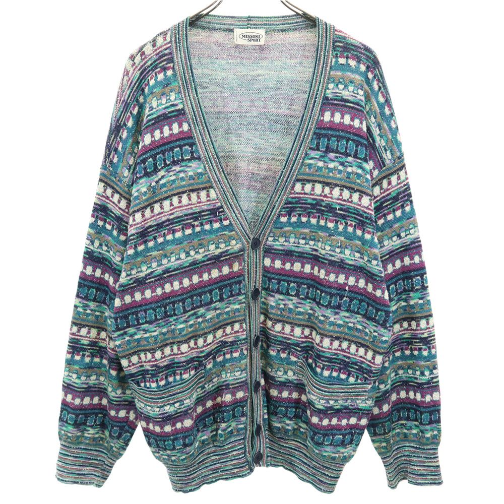 MISSONI SPORT ミッソーニスポーツ イタリア製 総柄 Vネック カーディガン 52 ブルー系 ニット メンズ