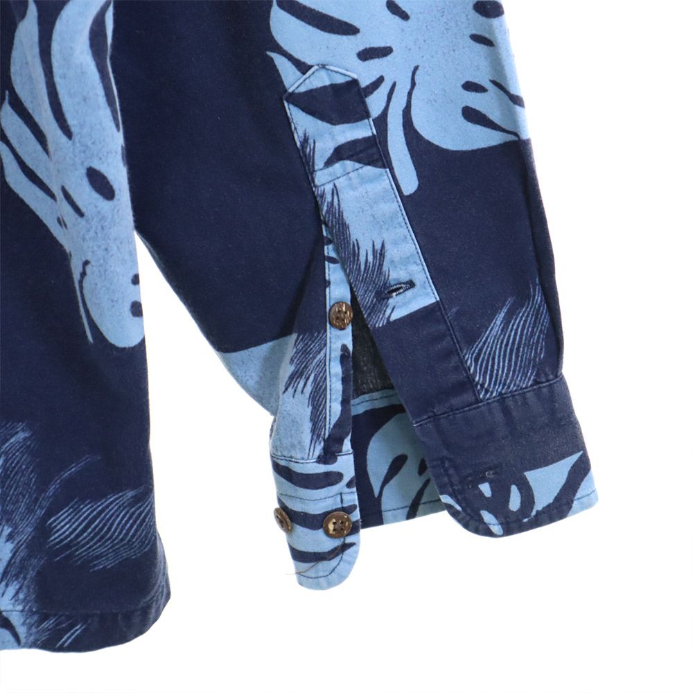 Leilani レイラニ ボタニカル柄 長袖 アロハシャツ L ブルー系 メンズ