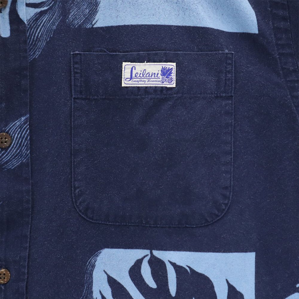 Leilani レイラニ ボタニカル柄 長袖 アロハシャツ L ブルー系 メンズ