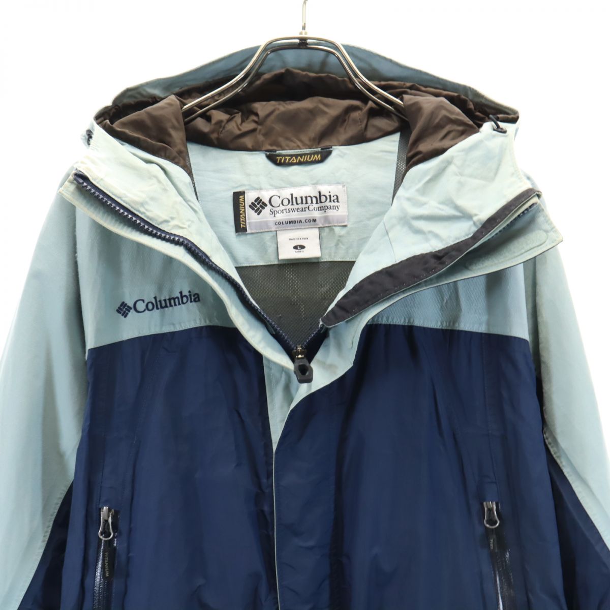 Columbia コロンビア アウトドア ナイロンジャケット L ネイビー×ブルー フード 裏メッシュ地 メンズ