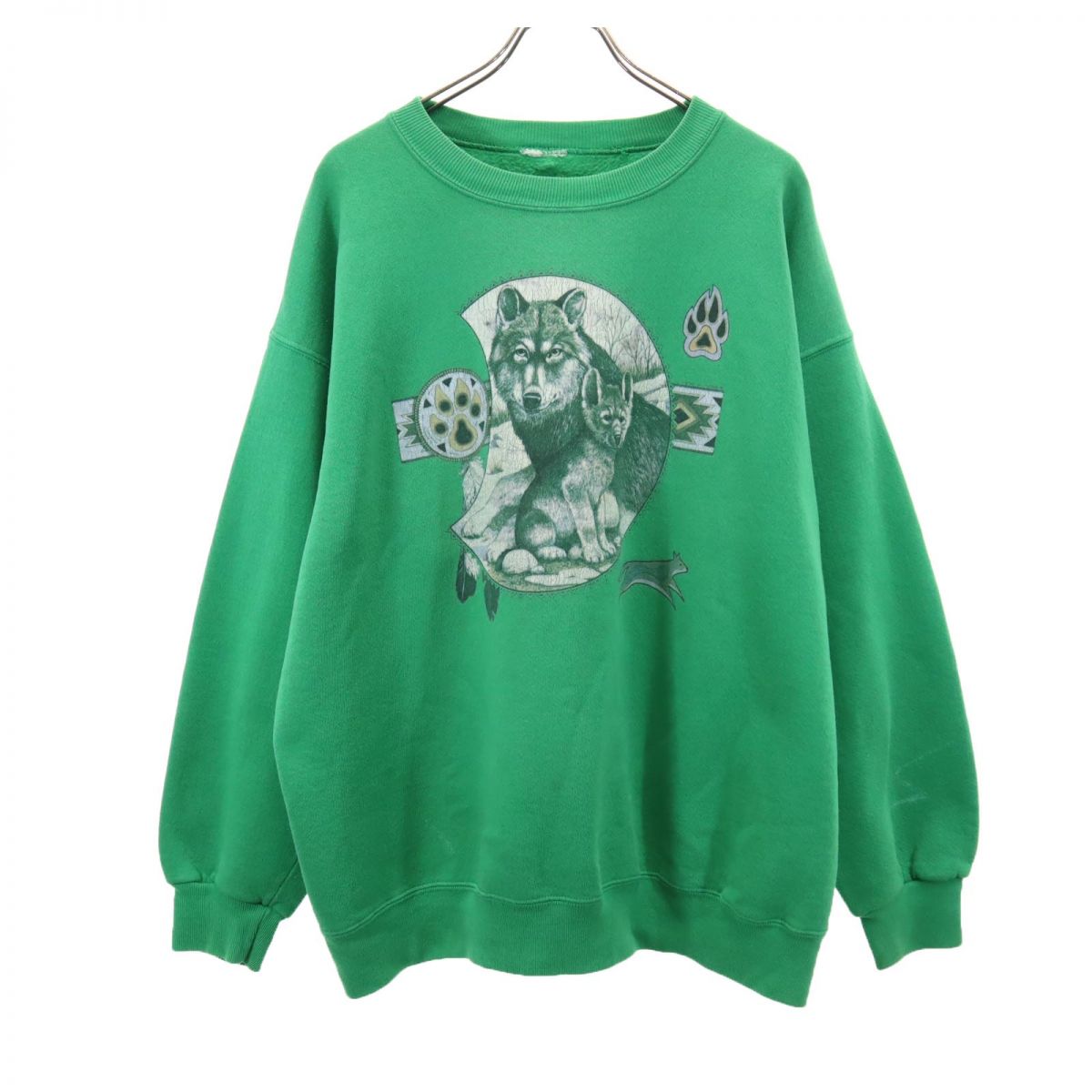 OLD オールド 90s プリント 長袖 トレーナー グリーン スウェット 裏起毛 メンズ