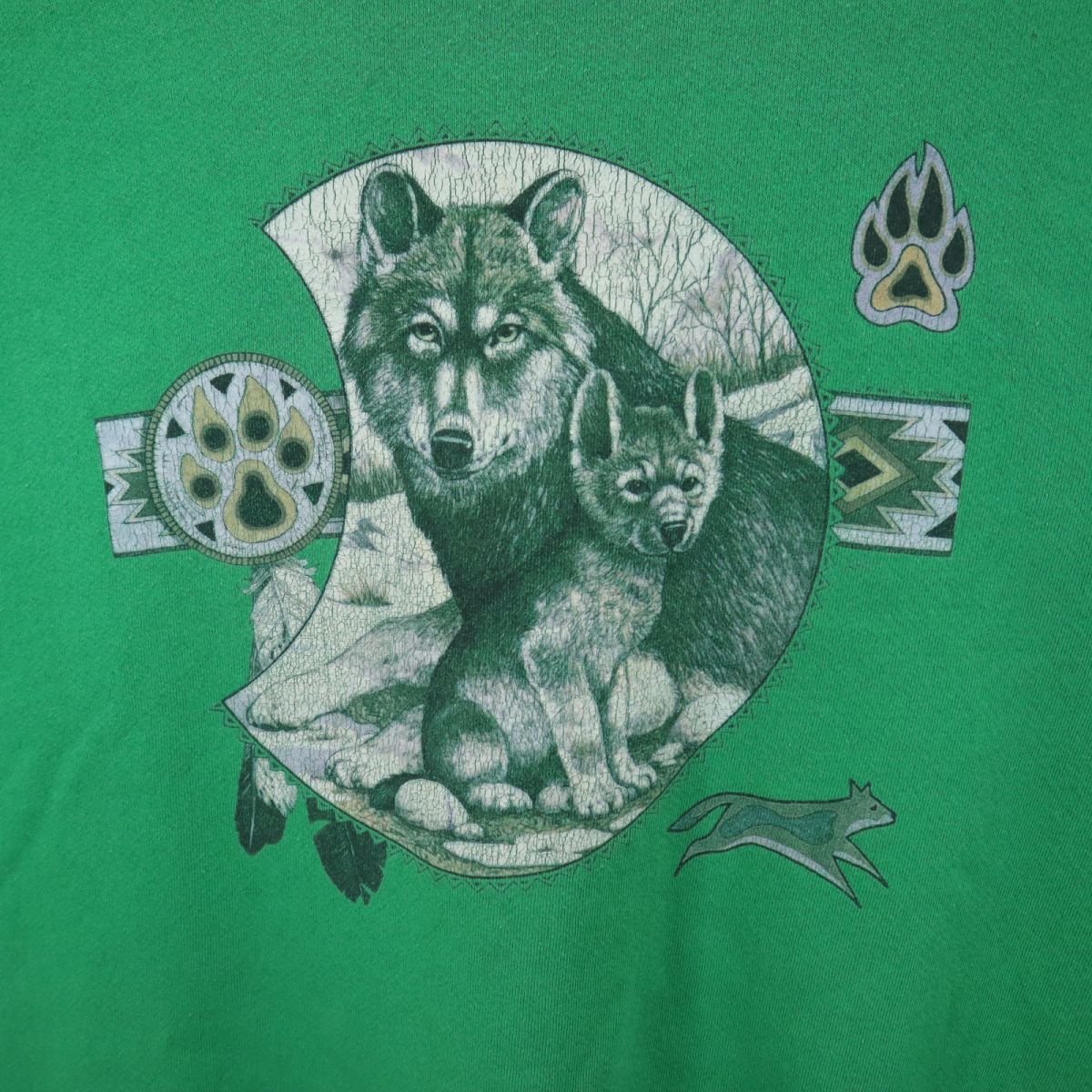 OLD オールド 90s プリント 長袖 トレーナー グリーン スウェット 裏起毛 メンズ